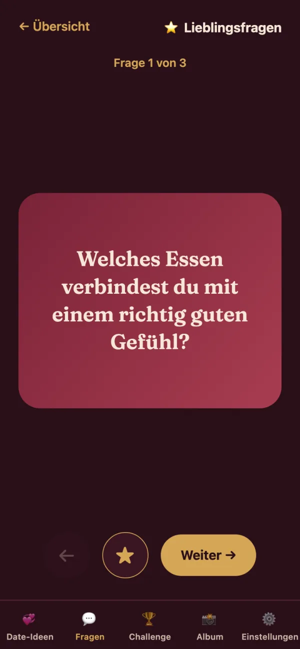 App-Bildschirm mit einer Frage: Welches Essen verbindest du mit einem richtig guten Gefühl?